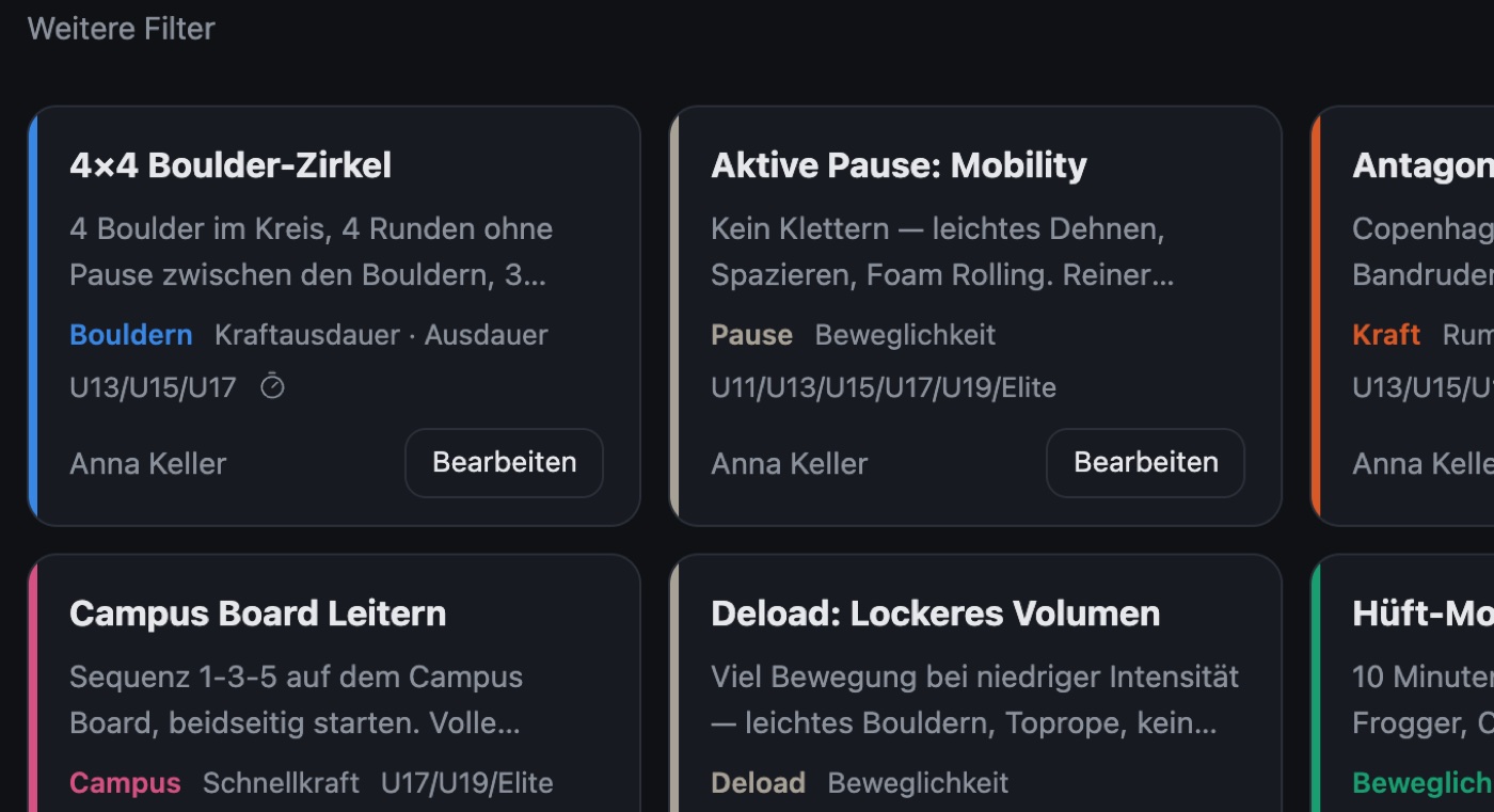 Übungsbibliothek mit Kategorien, Fokus und Altersgruppen